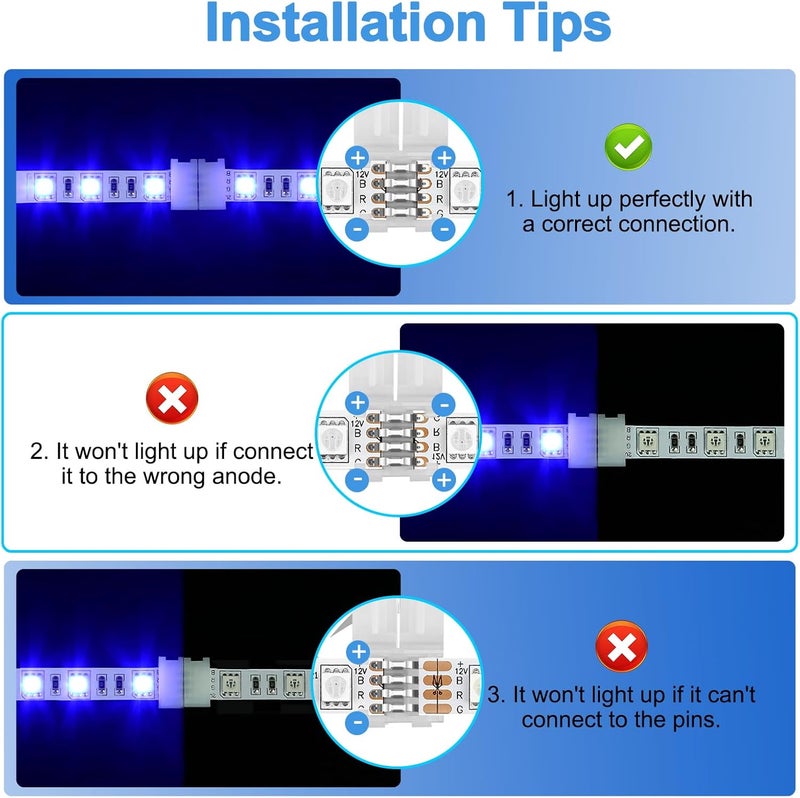Pmxary 20Pcs 4 Pin LED Strip Connectors for 8mm Wide RGB LED Strip Lights, Solderless Unwired LED Light Connectors, Easily Extend or Splice 4-Pin 8mm Multicolor Strips - Image 5